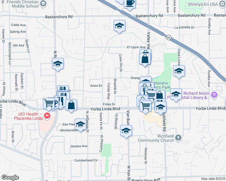 map of restaurants, bars, coffee shops, grocery stores, and more near 4831 Briarhill Drive in Yorba Linda