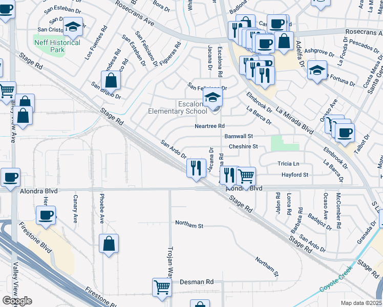 map of restaurants, bars, coffee shops, grocery stores, and more near 14860 Cheshire Street in La Mirada