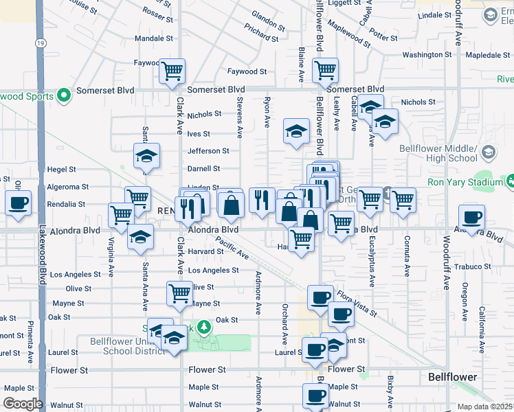 map of restaurants, bars, coffee shops, grocery stores, and more near 15716 Stevens Avenue in Bellflower