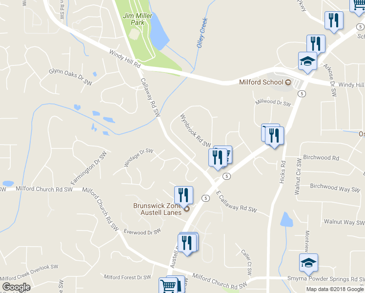 map of restaurants, bars, coffee shops, grocery stores, and more near 1274 Woodleigh Road Southwest in Marietta