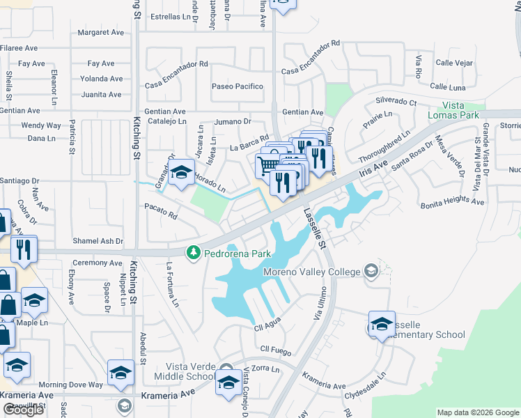 map of restaurants, bars, coffee shops, grocery stores, and more near 25818 Iris Avenue in Moreno Valley