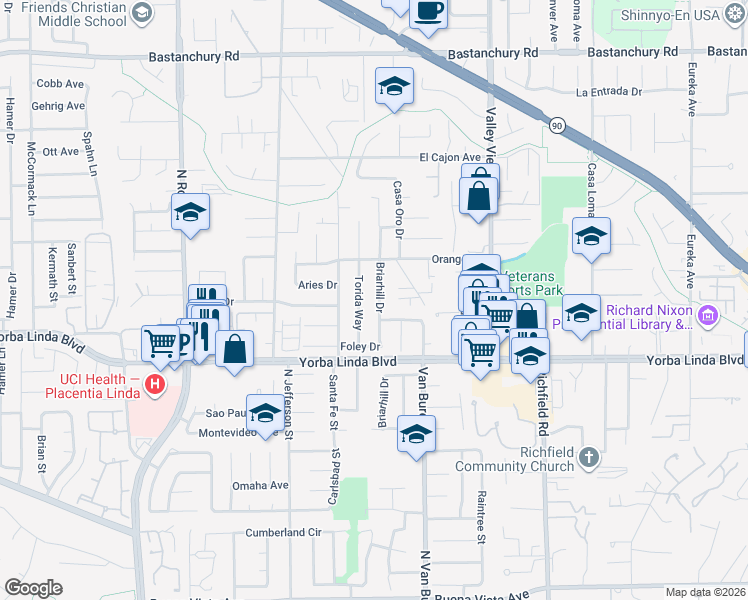 map of restaurants, bars, coffee shops, grocery stores, and more near 4831 Briarhill Drive in Yorba Linda