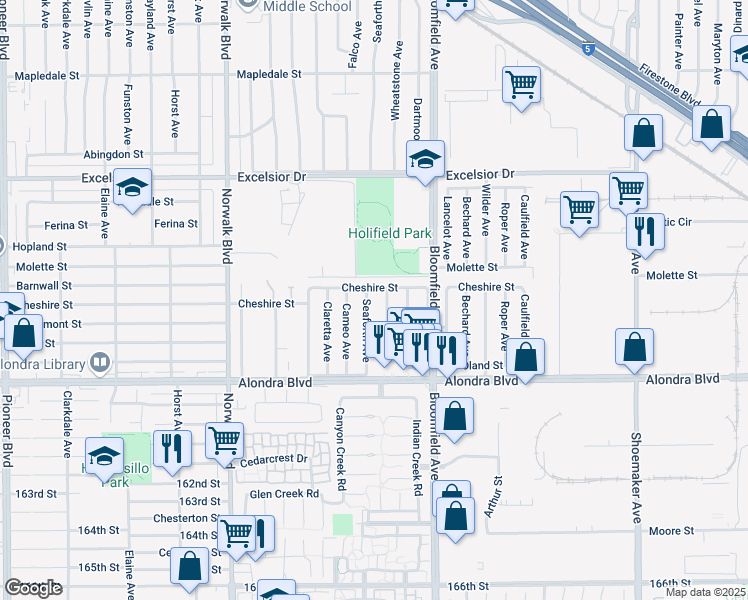 map of restaurants, bars, coffee shops, grocery stores, and more near 15503 Wheatstone Avenue in Norwalk