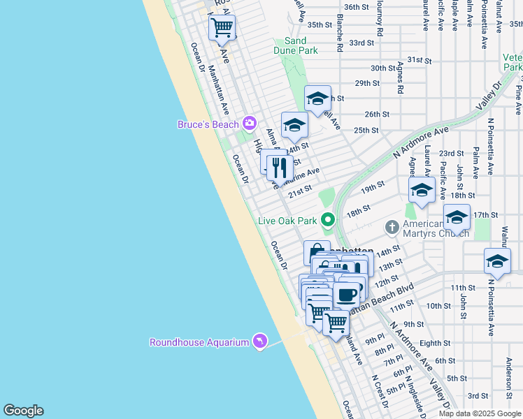 map of restaurants, bars, coffee shops, grocery stores, and more near in Manhattan Beach