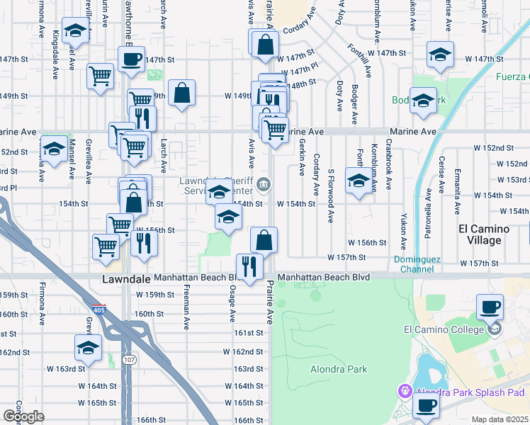 map of restaurants, bars, coffee shops, grocery stores, and more near 4130 West 154th Street in Lawndale