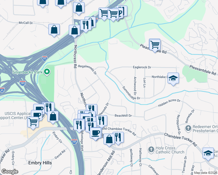 map of restaurants, bars, coffee shops, grocery stores, and more near 3417 Regalwoods Drive in Atlanta