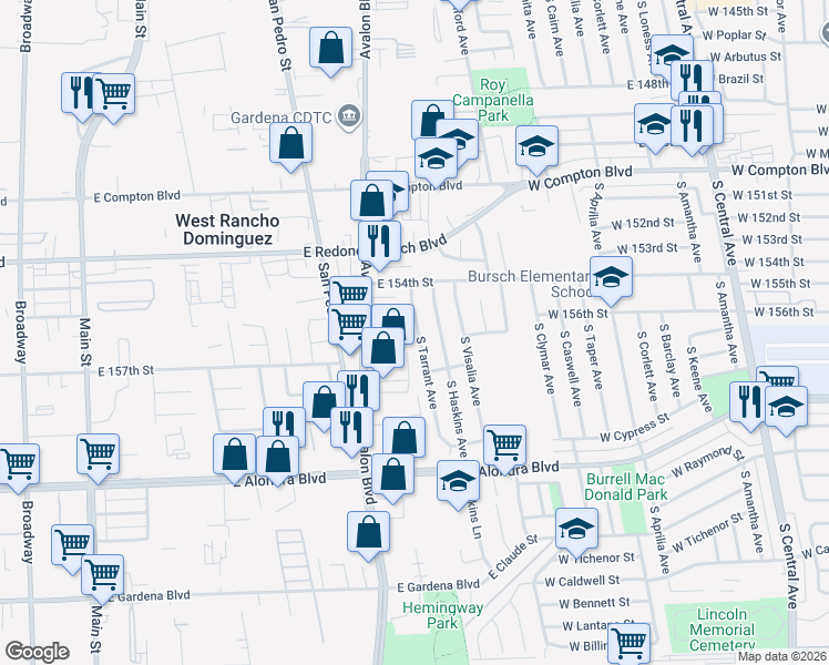 map of restaurants, bars, coffee shops, grocery stores, and more near 15603 South Tarrant Avenue in Compton