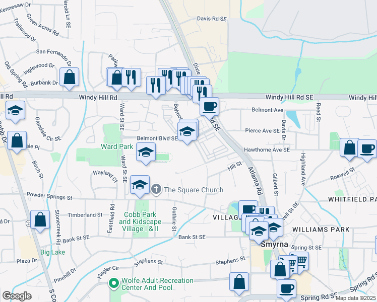 map of restaurants, bars, coffee shops, grocery stores, and more near 1099 Fleming Street in Smyrna