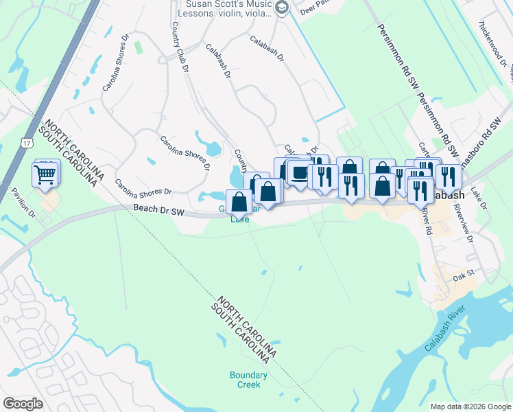 map of restaurants, bars, coffee shops, grocery stores, and more near 10176 Beach Drive Southwest in Calabash