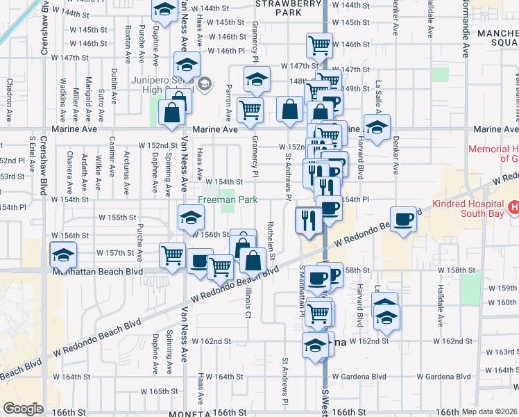 map of restaurants, bars, coffee shops, grocery stores, and more near 15416 Gramercy Place in Gardena