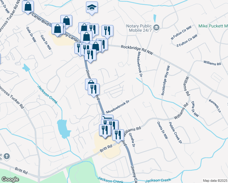 map of restaurants, bars, coffee shops, grocery stores, and more near 6118 Queen Anne Court in Norcross