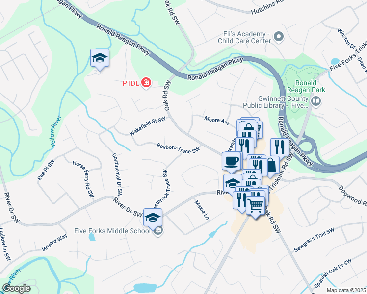 map of restaurants, bars, coffee shops, grocery stores, and more near 752 Roxboro Trace Southwest in Lawrenceville
