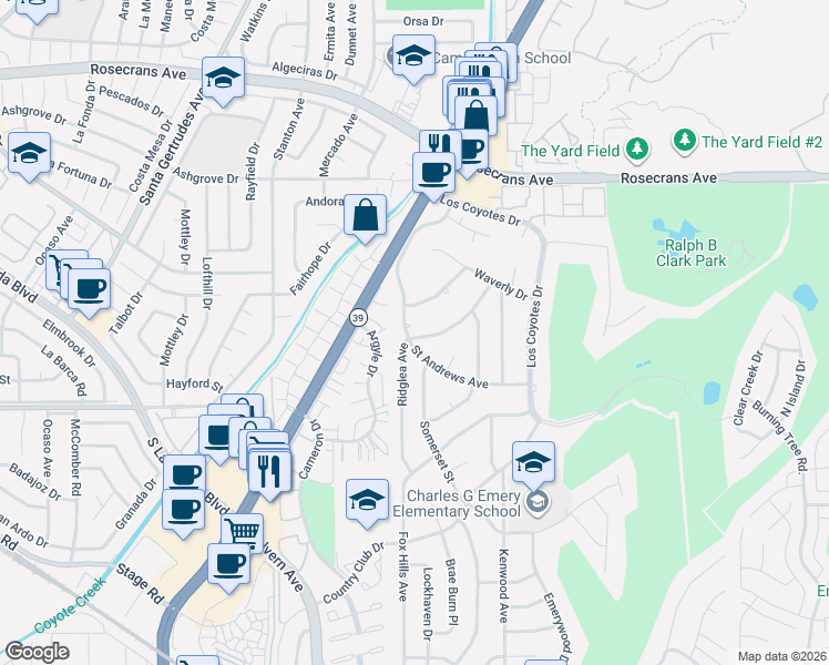 map of restaurants, bars, coffee shops, grocery stores, and more near 4784 Saint Andrews Avenue in Buena Park
