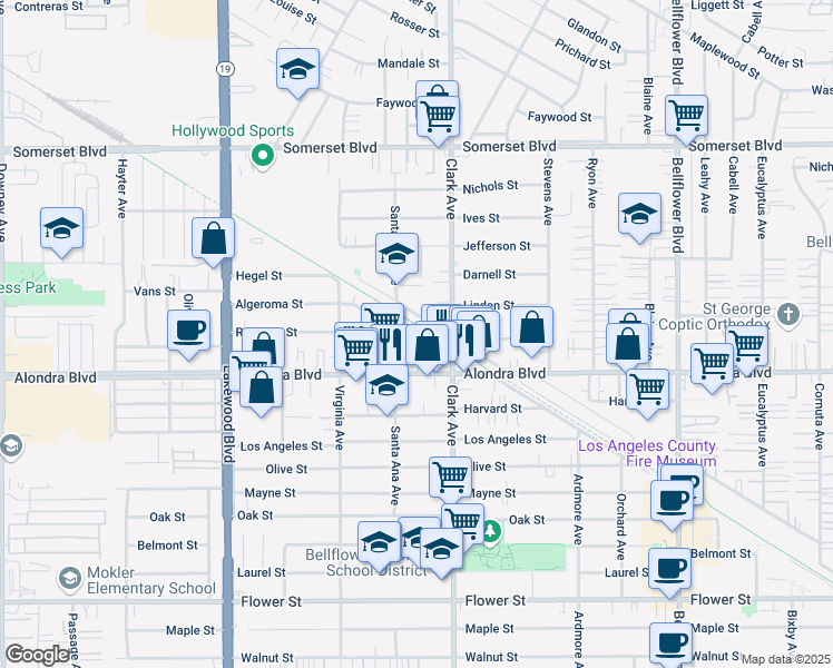 map of restaurants, bars, coffee shops, grocery stores, and more near 9319 Alondra Boulevard in Bellflower