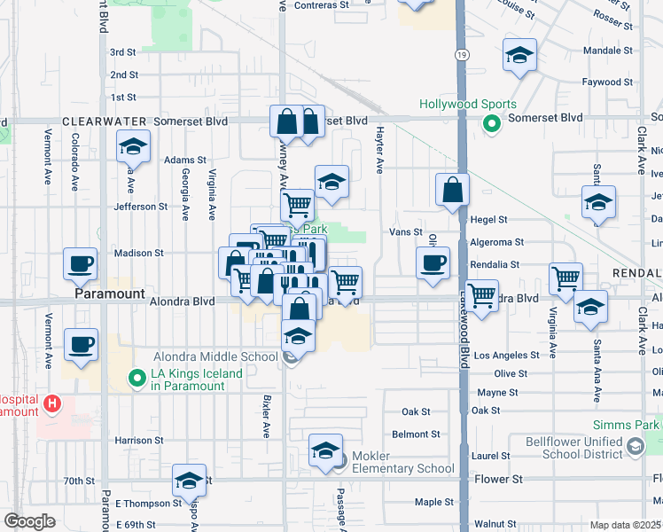 map of restaurants, bars, coffee shops, grocery stores, and more near 15715 Passage Avenue in Paramount