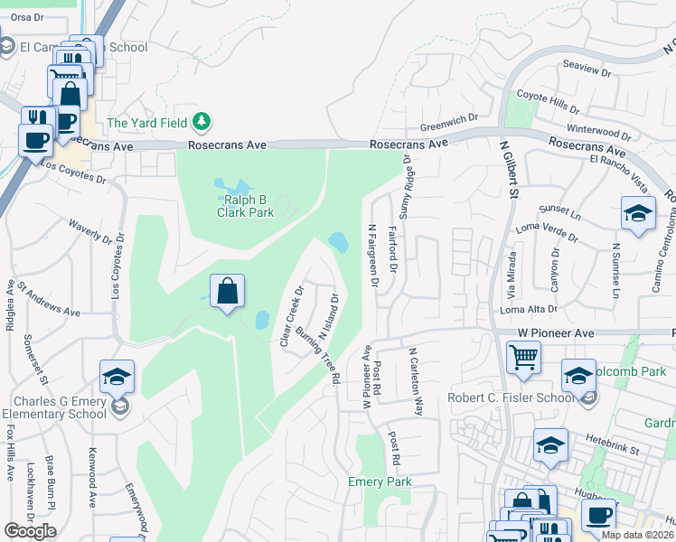 map of restaurants, bars, coffee shops, grocery stores, and more near 1830 North Island Drive in Fullerton