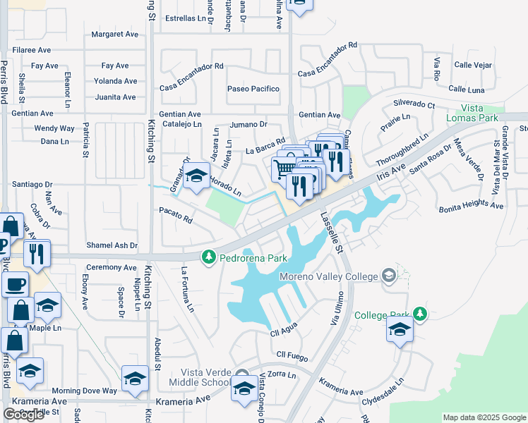 map of restaurants, bars, coffee shops, grocery stores, and more near 25870 Iris Avenue in Moreno Valley