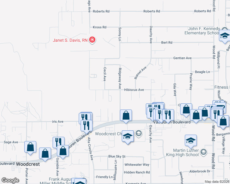 map of restaurants, bars, coffee shops, grocery stores, and more near 18200 Hibiscus Avenue in Riverside
