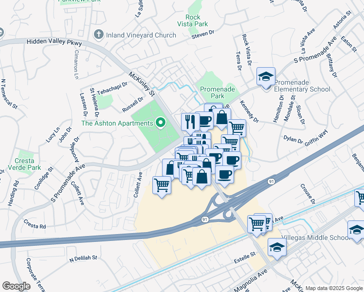 map of restaurants, bars, coffee shops, grocery stores, and more near 2145 South Promenade Avenue in Corona