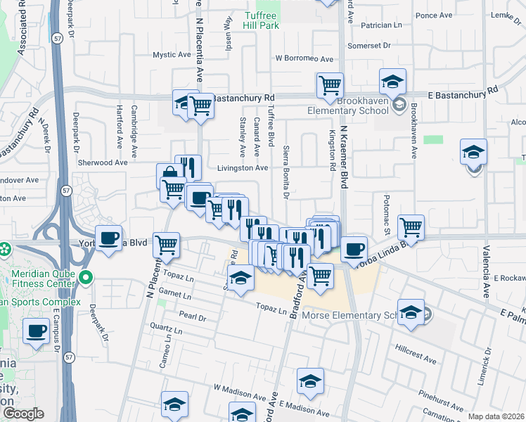 map of restaurants, bars, coffee shops, grocery stores, and more near 1512 Collins Way in Placentia