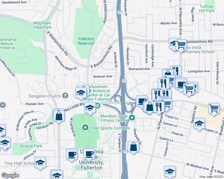 map of restaurants, bars, coffee shops, grocery stores, and more near 2684 Milton Avenue in Fullerton