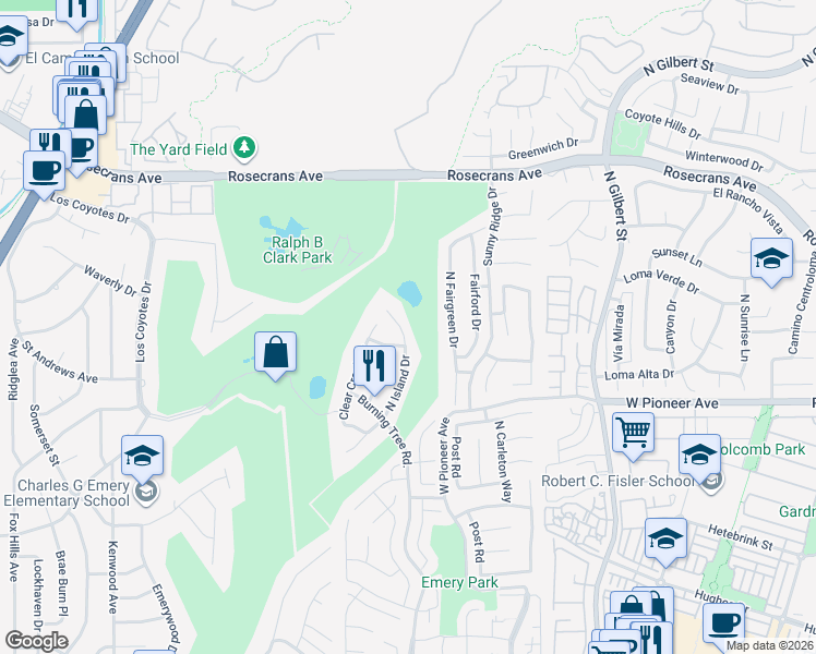 map of restaurants, bars, coffee shops, grocery stores, and more near 1830 North Island Drive in Fullerton
