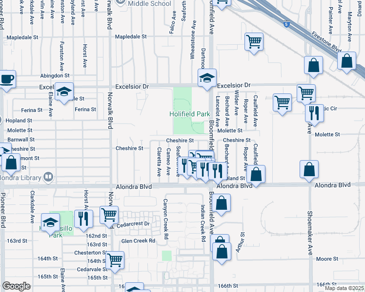 map of restaurants, bars, coffee shops, grocery stores, and more near 15503 Wheatstone Avenue in Norwalk