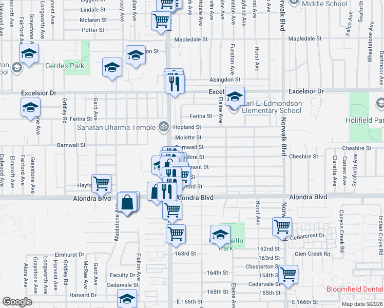 map of restaurants, bars, coffee shops, grocery stores, and more near 11900 Barnwall Street in Norwalk