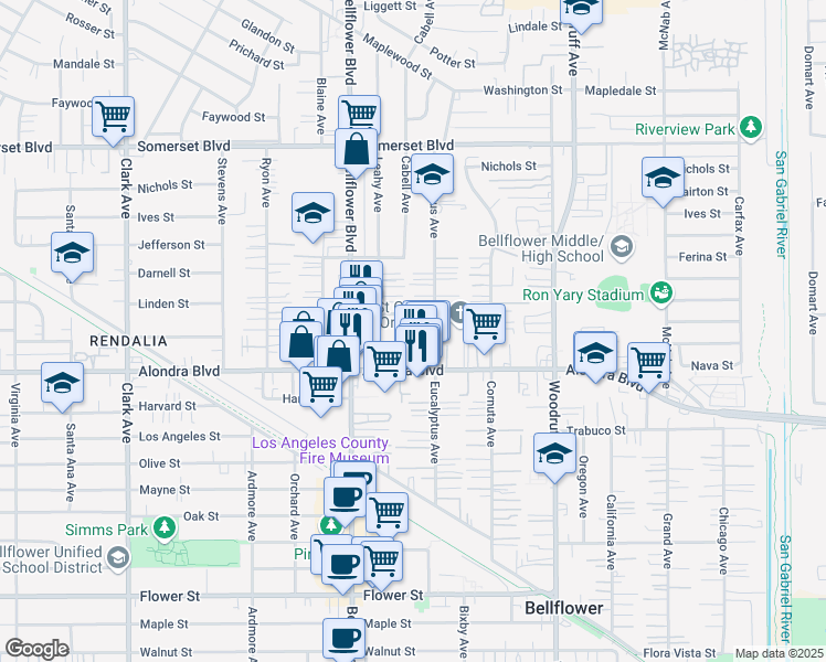 map of restaurants, bars, coffee shops, grocery stores, and more near 9852 Linden Street in Bellflower
