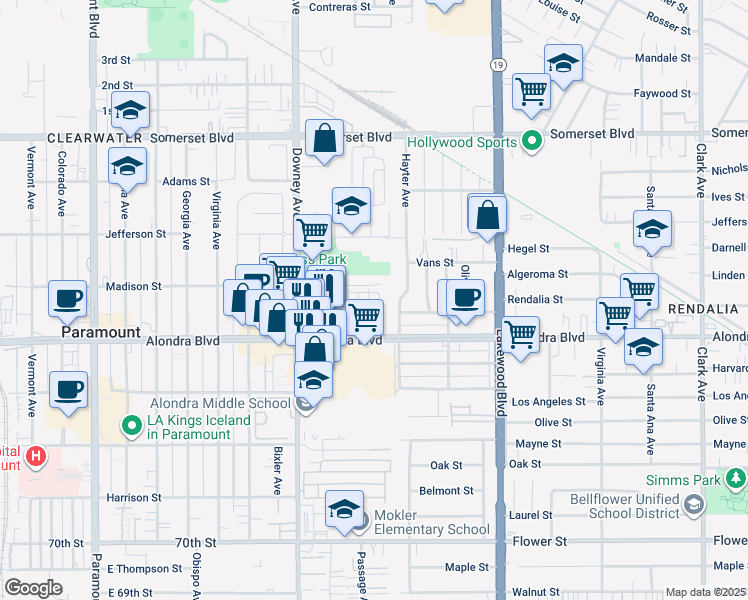 map of restaurants, bars, coffee shops, grocery stores, and more near 15702 Perilla Avenue in Paramount