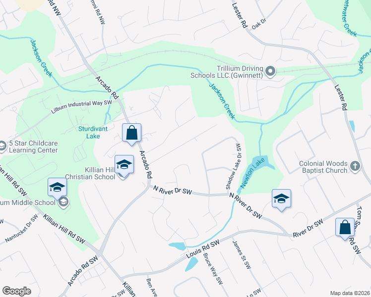 map of restaurants, bars, coffee shops, grocery stores, and more near 4104 Rivermeade Drive Southwest in Lilburn