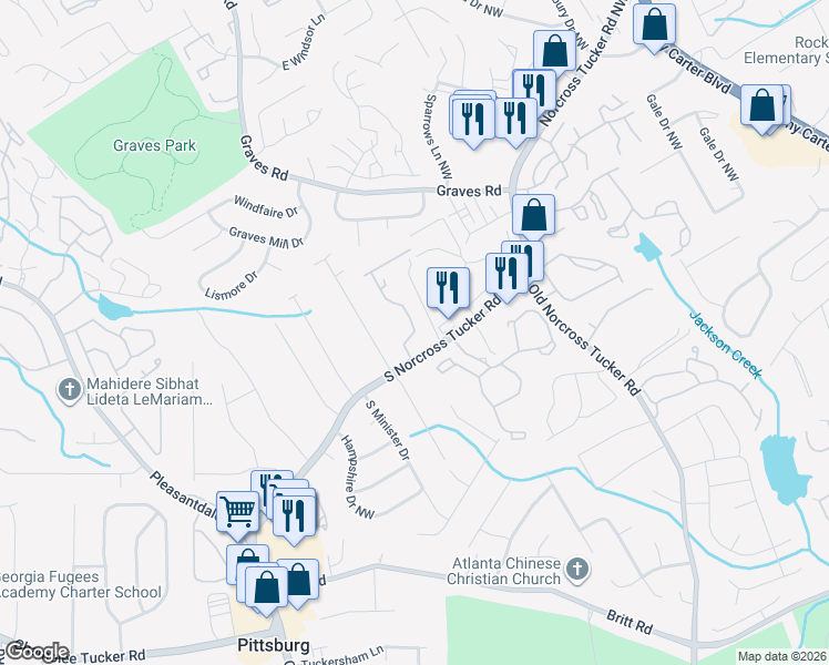 map of restaurants, bars, coffee shops, grocery stores, and more near 1257 Branch Drive in Tucker