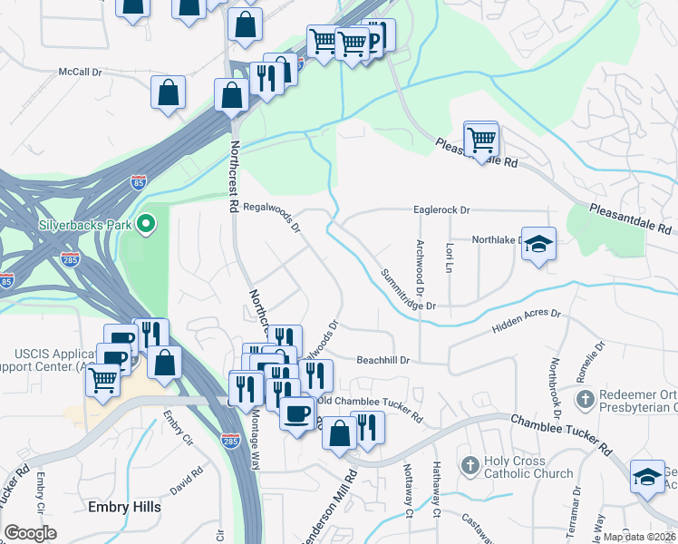 map of restaurants, bars, coffee shops, grocery stores, and more near 3417 Regalwoods Drive in Atlanta