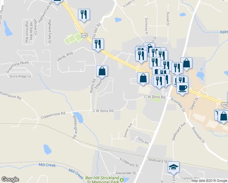 map of restaurants, bars, coffee shops, grocery stores, and more near 201 Venture Path in Hiram