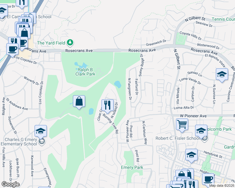 map of restaurants, bars, coffee shops, grocery stores, and more near 1818 North Island Drive in Fullerton
