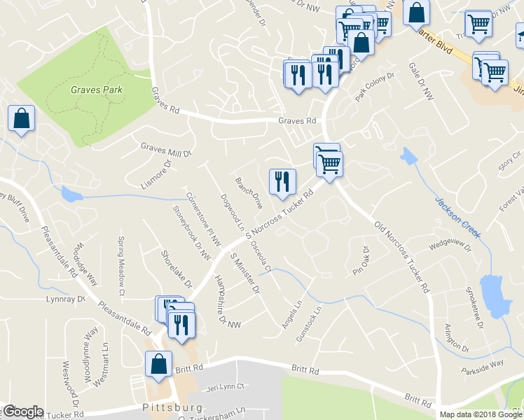 map of restaurants, bars, coffee shops, grocery stores, and more near 1257 Branch Drive in Tucker