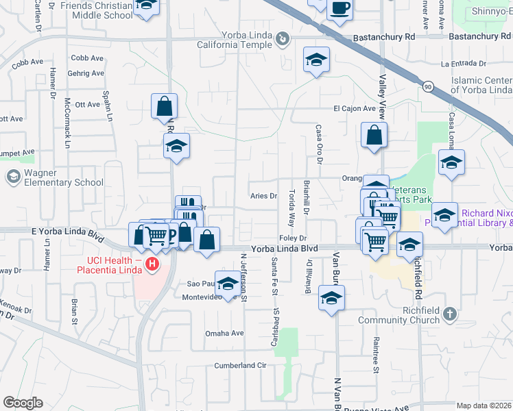 map of restaurants, bars, coffee shops, grocery stores, and more near 17071 Saga Drive in Yorba Linda