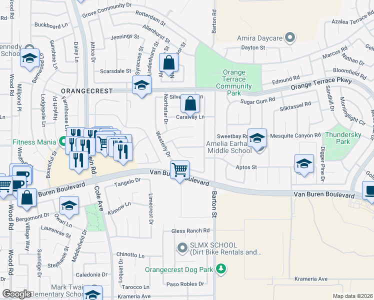 map of restaurants, bars, coffee shops, grocery stores, and more near 19940 Saint Francis Drive in Riverside