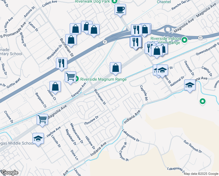 map of restaurants, bars, coffee shops, grocery stores, and more near 3663 Buchanan Street in Riverside