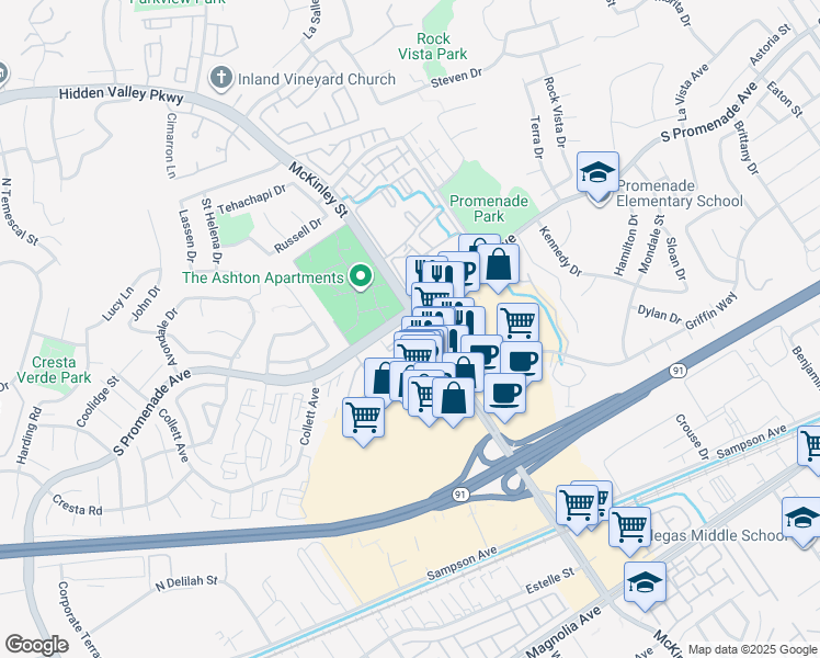 map of restaurants, bars, coffee shops, grocery stores, and more near 2145 Highpointe Drive in Corona