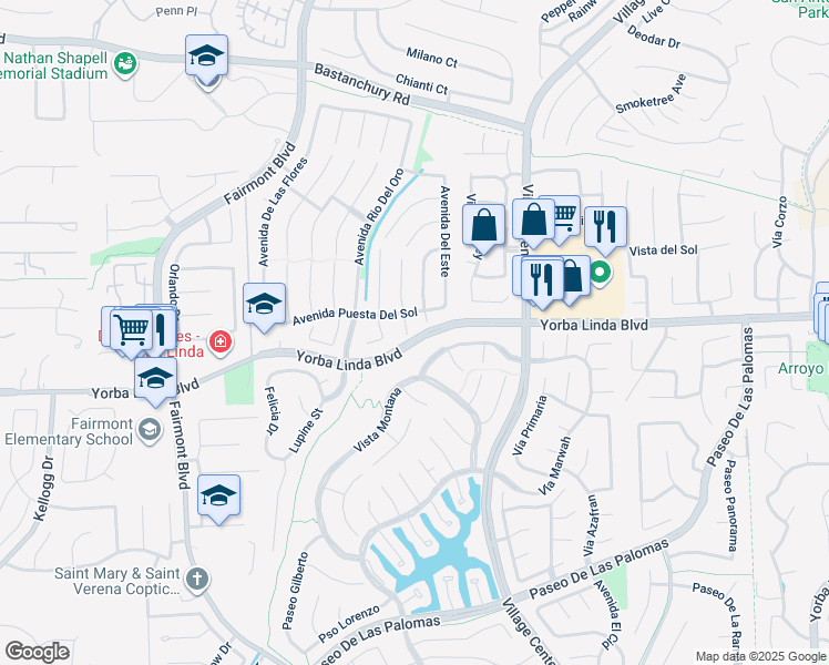map of restaurants, bars, coffee shops, grocery stores, and more near 4832 Vía Frondosa in Yorba Linda