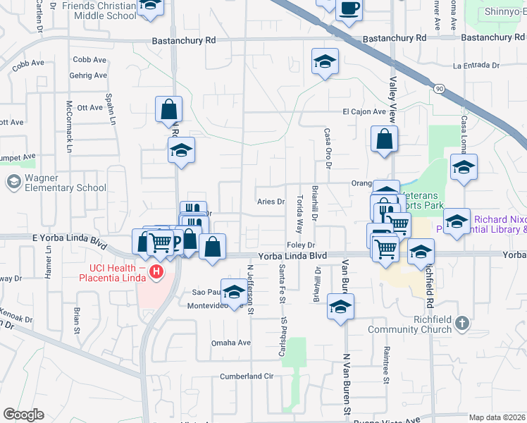 map of restaurants, bars, coffee shops, grocery stores, and more near 17052 Aries Drive in Yorba Linda