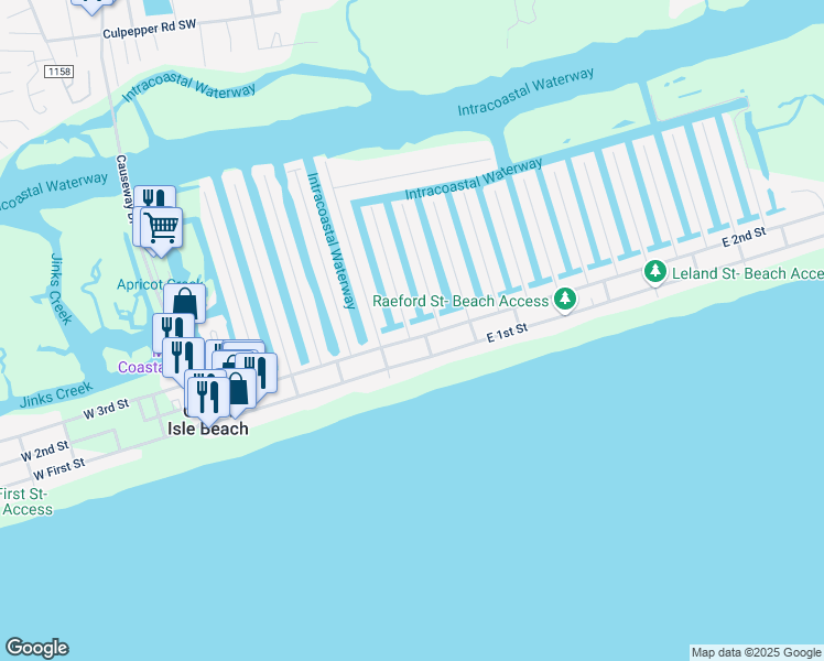 map of restaurants, bars, coffee shops, grocery stores, and more near 93 East 2nd Street in Ocean Isle Beach