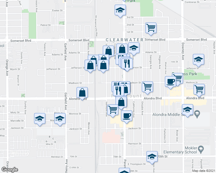 map of restaurants, bars, coffee shops, grocery stores, and more near 7800 Madison Street in Paramount