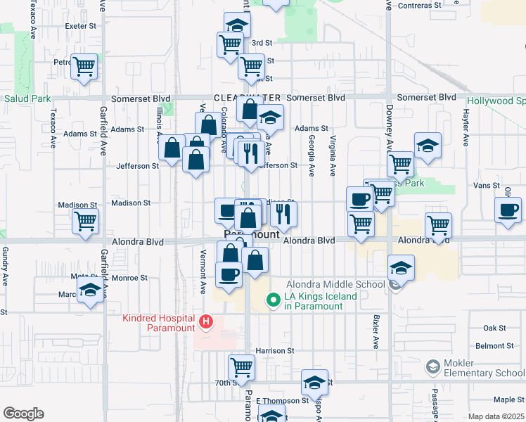 map of restaurants, bars, coffee shops, grocery stores, and more near 15706 Paramount Boulevard in Paramount