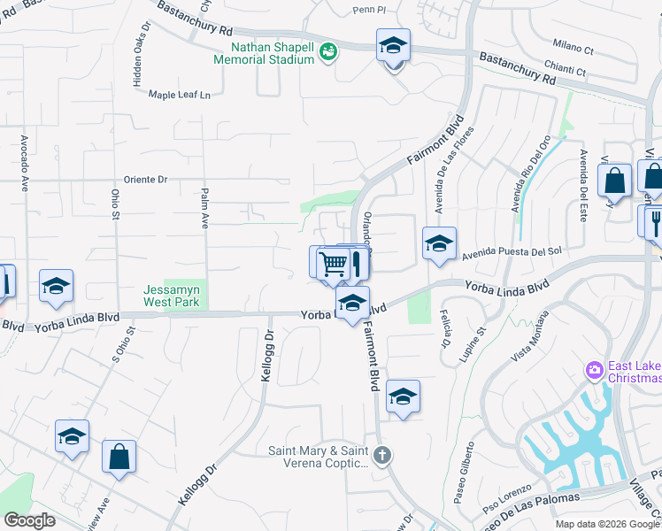 map of restaurants, bars, coffee shops, grocery stores, and more near 19652 Castellana Plaza in Yorba Linda