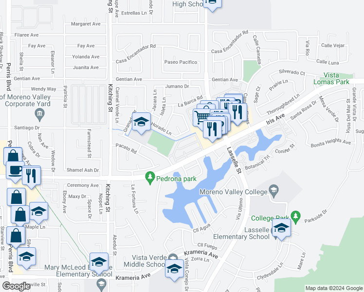 map of restaurants, bars, coffee shops, grocery stores, and more near 25882 Iris Avenue in Moreno Valley