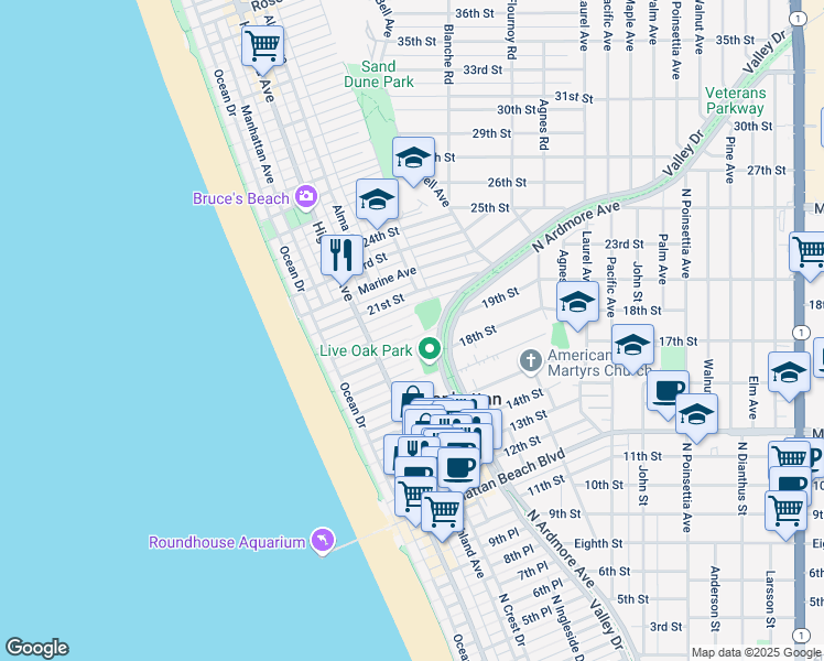 map of restaurants, bars, coffee shops, grocery stores, and more near 423 19th Street in Manhattan Beach