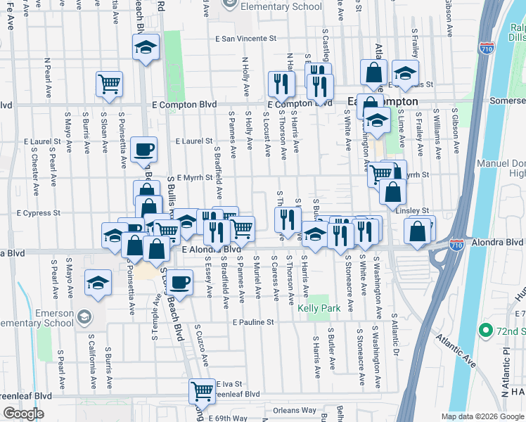 map of restaurants, bars, coffee shops, grocery stores, and more near 619 South Thorson Avenue in Compton