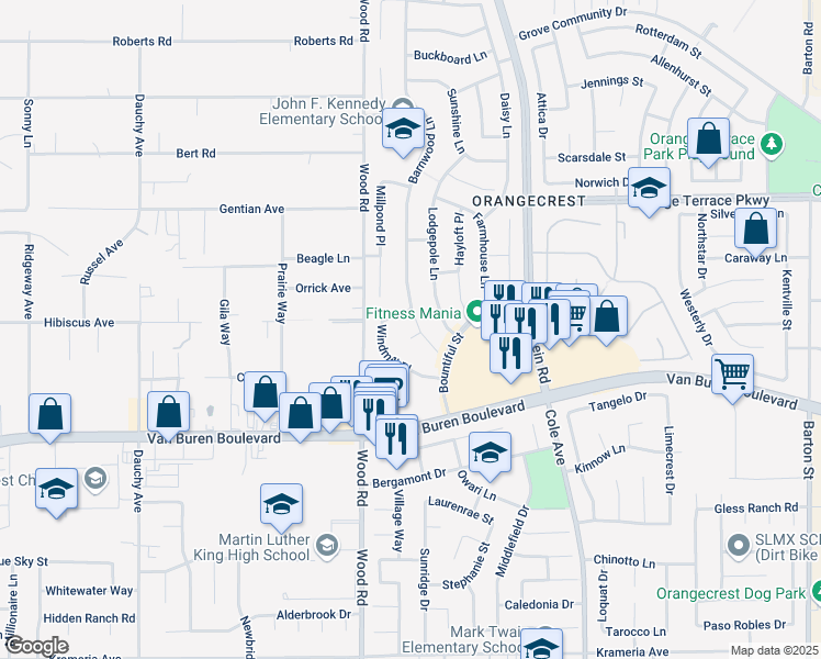 map of restaurants, bars, coffee shops, grocery stores, and more near 8717 Sugar Bush Court in Riverside
